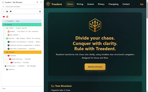 Treedent – Pinakamahusay na Tree-Style Tab Manager para sa Chrome - Screenshot 1